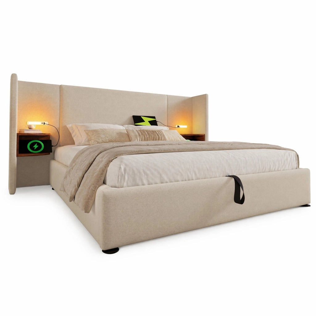 Letto matrimoniale 180x200 cm con testiera multifunzione; luce di lettura; USB e Type-C; beige