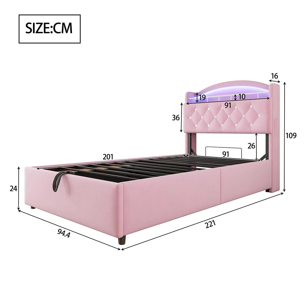 Letto bambino-Xylo-90x200 cm-LED, USB, spazio idraulico, velluto rosa