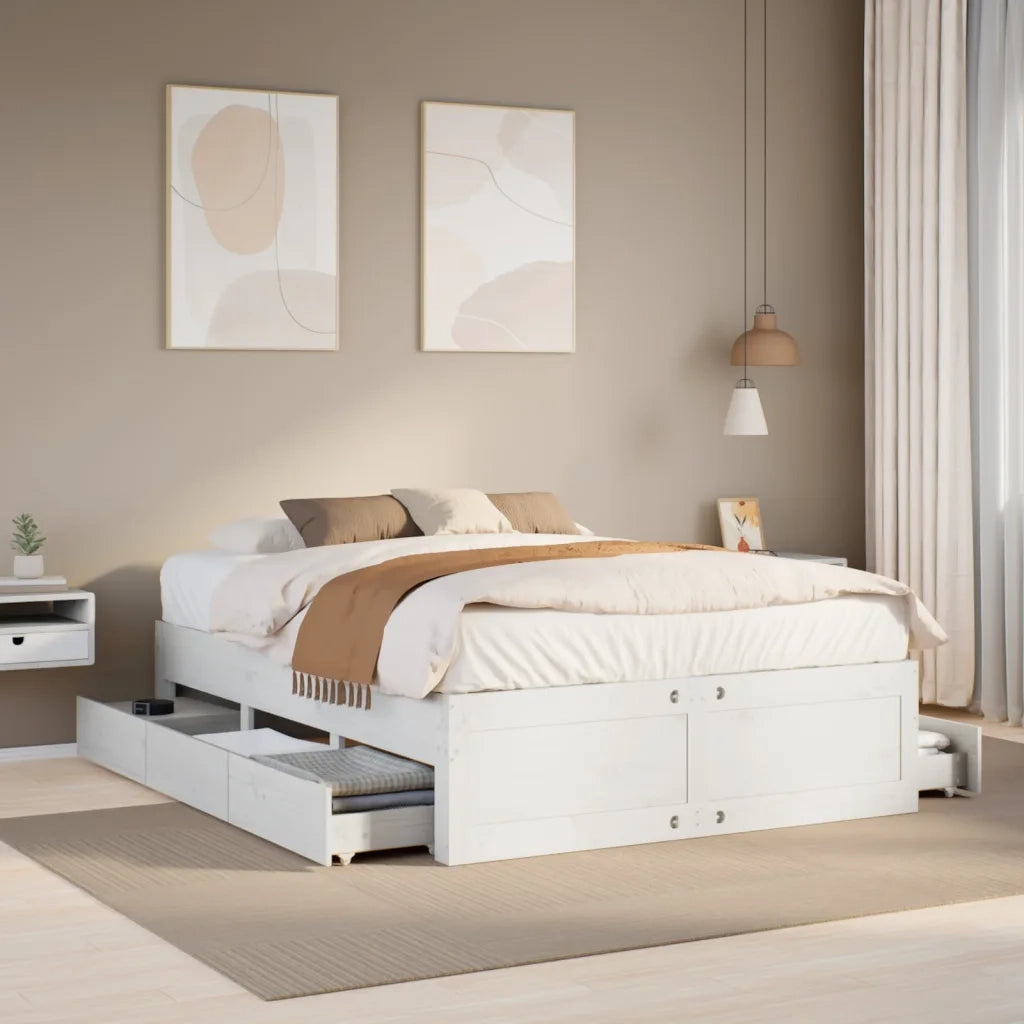 Letto matrimoniale | Letto per adulti | Giroletto senza Materasso con Cassetti Bianco 150x200 cm Pino