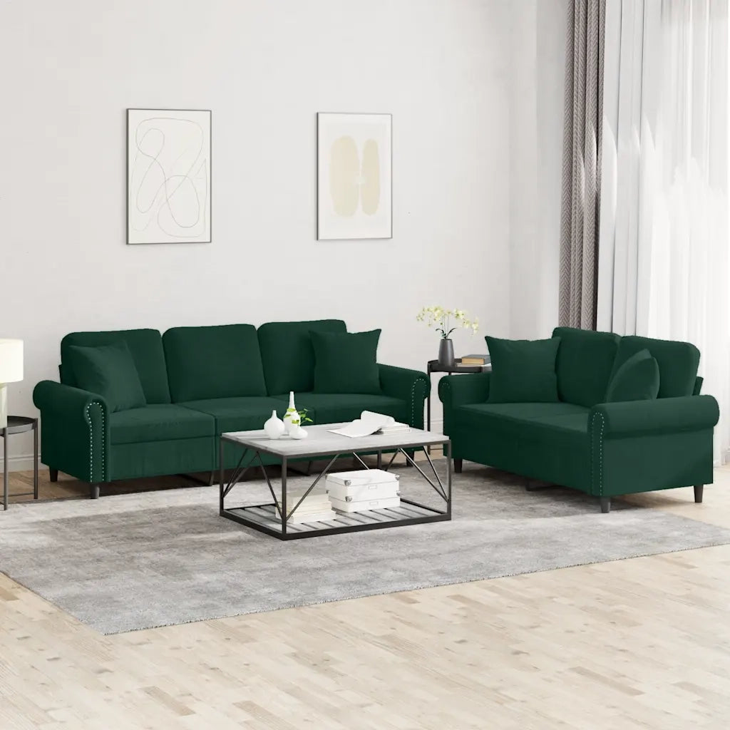 Set di Divani 2 pz con Cuscini Verde Scuro in Velluto