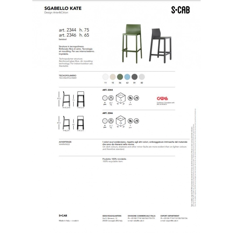 SET 4 SGABELLI KATE TECNOPOLIMERO HT 75CM MADE IN ITALY SCAB DESIGN - Lino 11