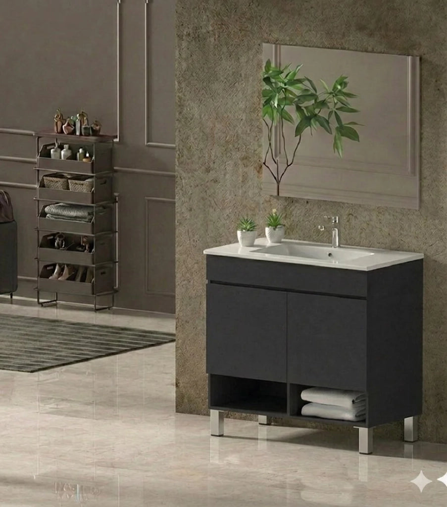 Mobile Bagno NEBARI com gambe Già Montato 2 portas, lavabo e specchio Grafite 80x40 cm