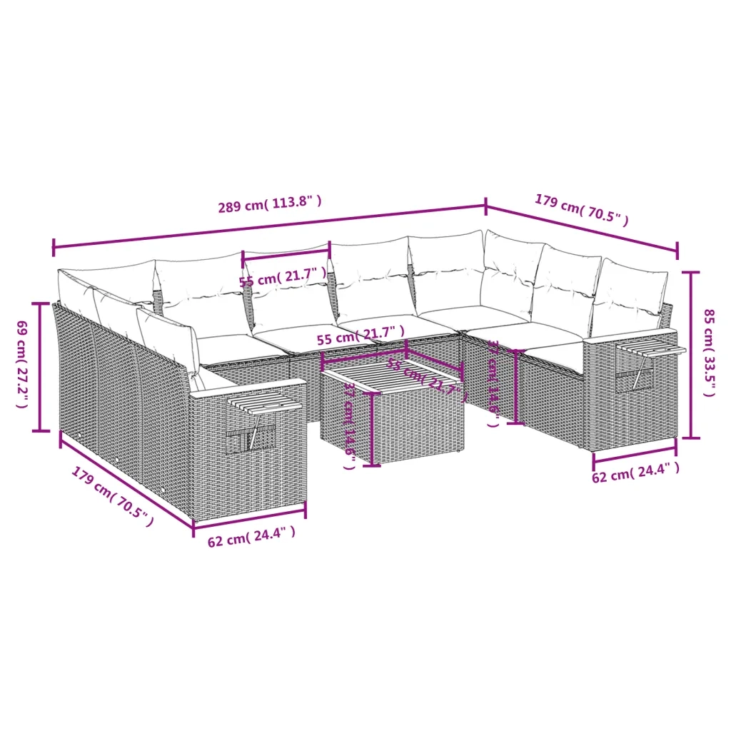 Set Divani da Giardino 10pz con Cuscini in Polyrattan Nero 3259522