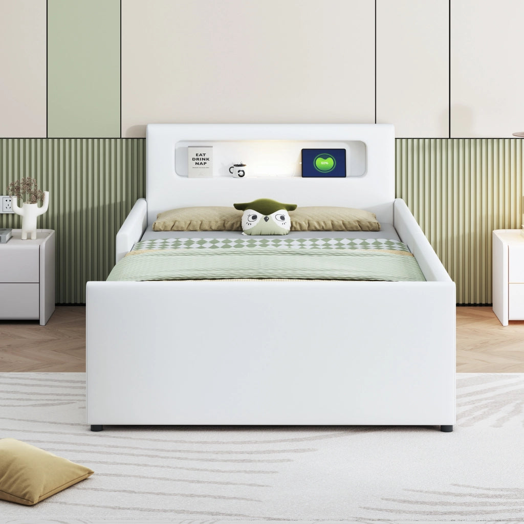 Letto Singolo Imbottito per Bambini con Luce LED e USB ¨C MINIMAL ¨C Similpelle Bianco 90x200
