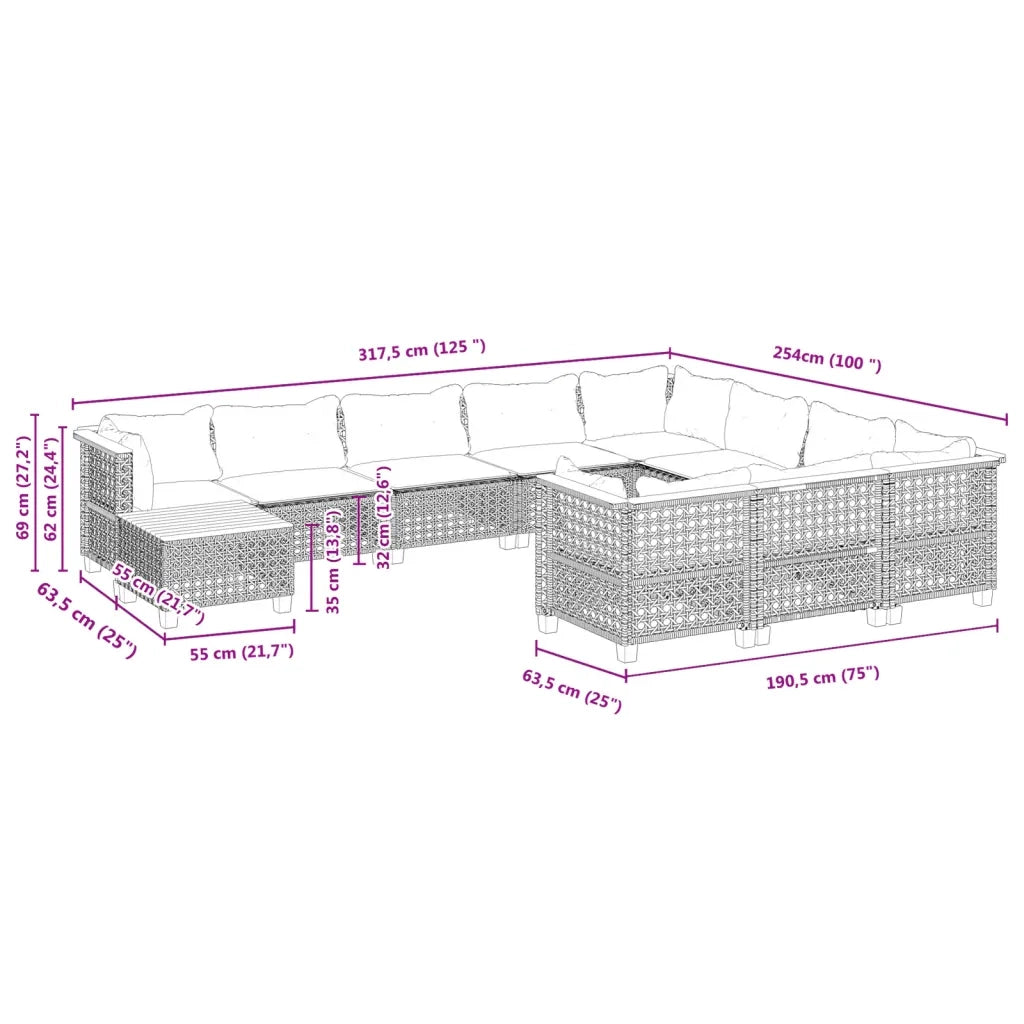 Set Divani da Giardino 11 pz con Cuscini in Polyrattan Grigio 3262059