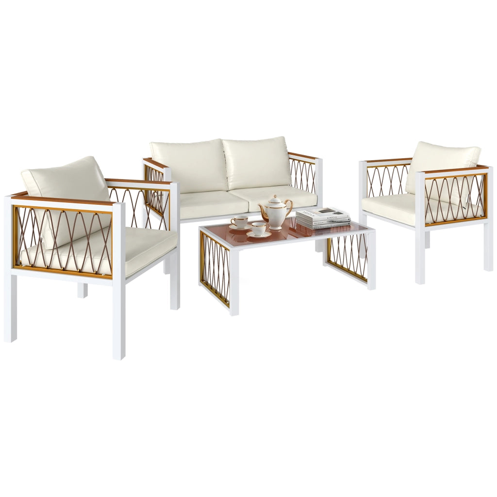 Set Lounge 4 Pezzi Polyrattan ¨C Minimal ¨C Grigio con Cuscini e Tavolino Vetro
