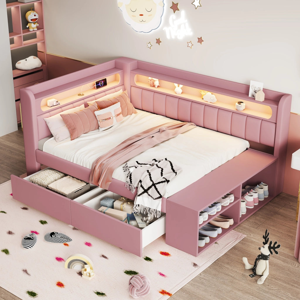 Divano letto imbottito 90x200cm - Zephmum- USB, LED, con scarpiera e 2 cassetti, Rosa