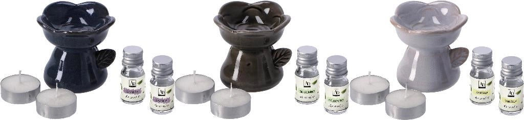 Set 1 Pezzo Bruciaessenze con 2 Tea Light e 2 Olio Profumato 5 ml 3 Colori