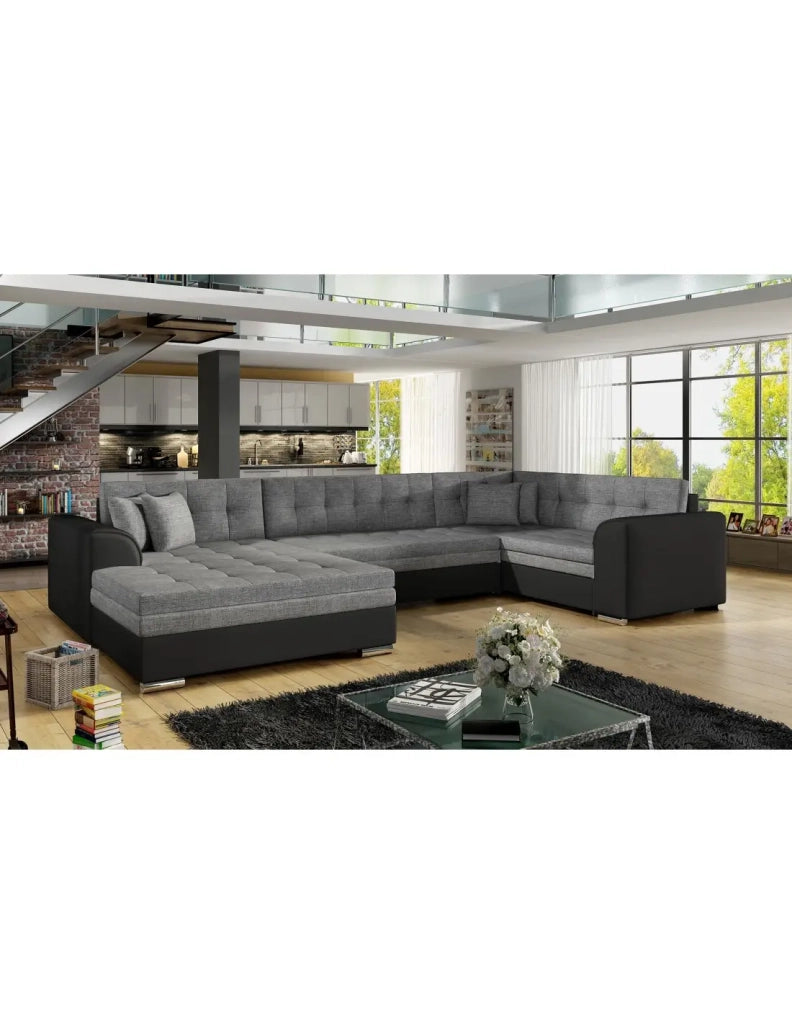 Divano panoramico convertibile CALDERO 5 posti grigio e nero – angolo sinistro – 4 cuscini