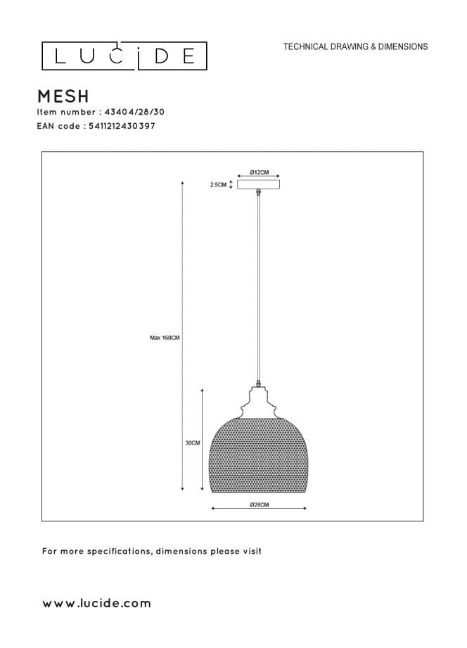 Lampada a sospensione Lucide Mesh Ø28 nera E27 60W