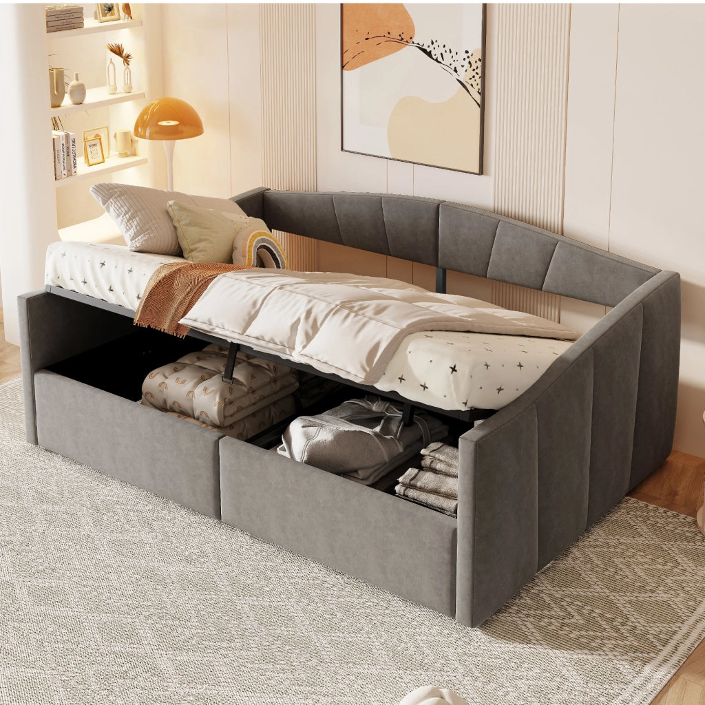 Letto Contenitore 140x200 cm - con Contenitore Idraulico; in Velluto Imbottito Grigio