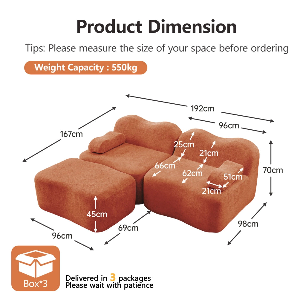Divano angolare modulare 2 posti con pouf; forma ondulata e cuscino bracciolo mobile in velluto arancione