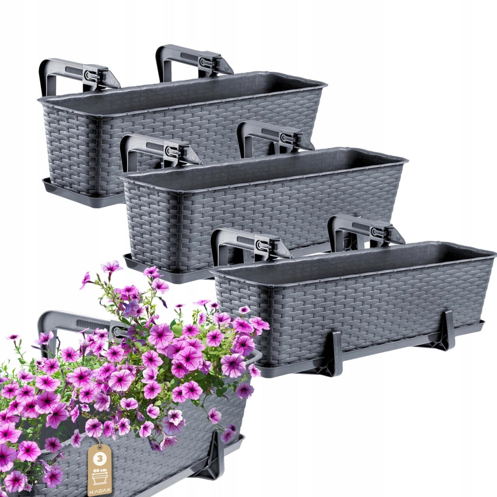 Vaso da fiori per balcone KADAX, 60 cm, manici, supporto in grafite, 3 pezzi