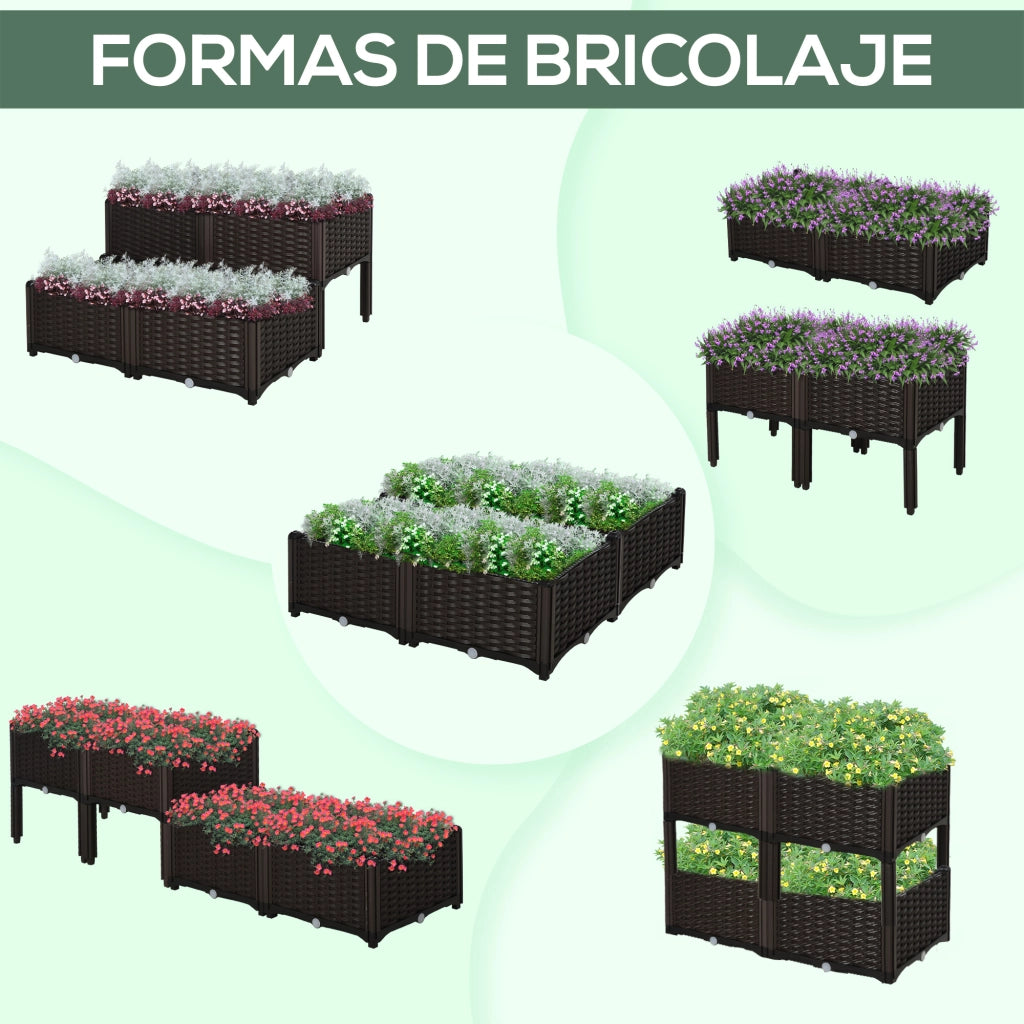 Set 4 Fioriere Quadrate da Giardino ¨C Xylo ¨C Effetto Rattan Marrone 40x40x26/44 cm