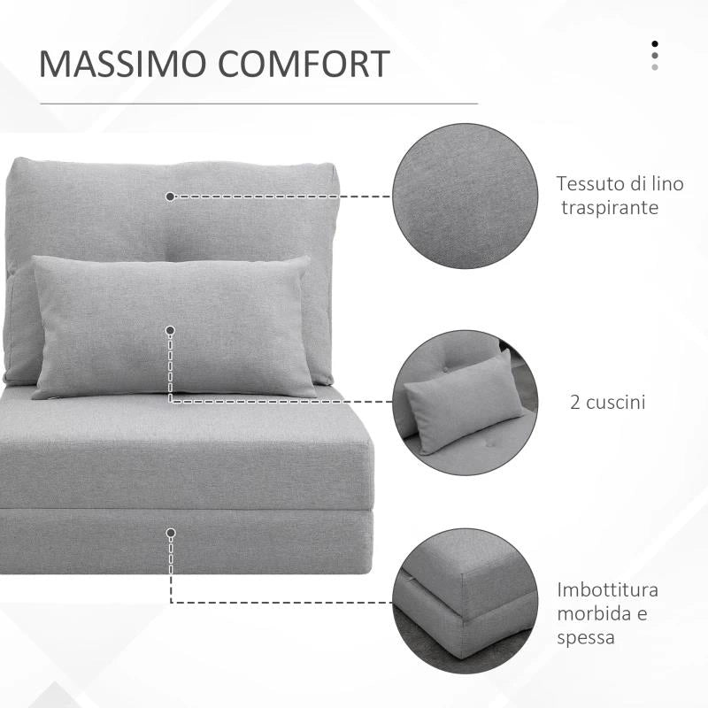 POLTRONA LETTO 3 IN 1 CONVERTIBILE IN CHAISE LONGUE E DIVANO DA TERRA CON 2 CUSCINI, GRIGIO CHIARO