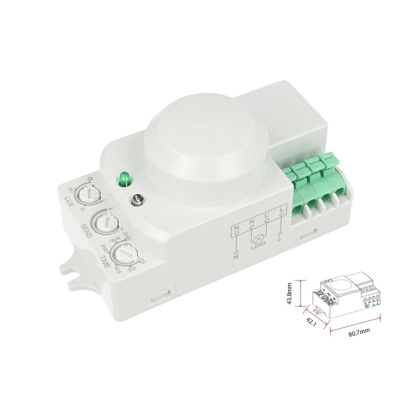 Sensore Micro Onde Microwave Sensor Montaggio a Plafone Da Parete Soffitto IP20 220V Max 200W Manual Override SKU-1446
