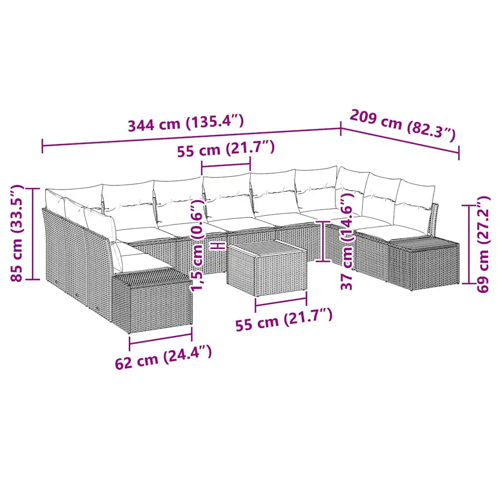 Set Divano da Giardino con cuscino 11 pcs Nero polyrattan