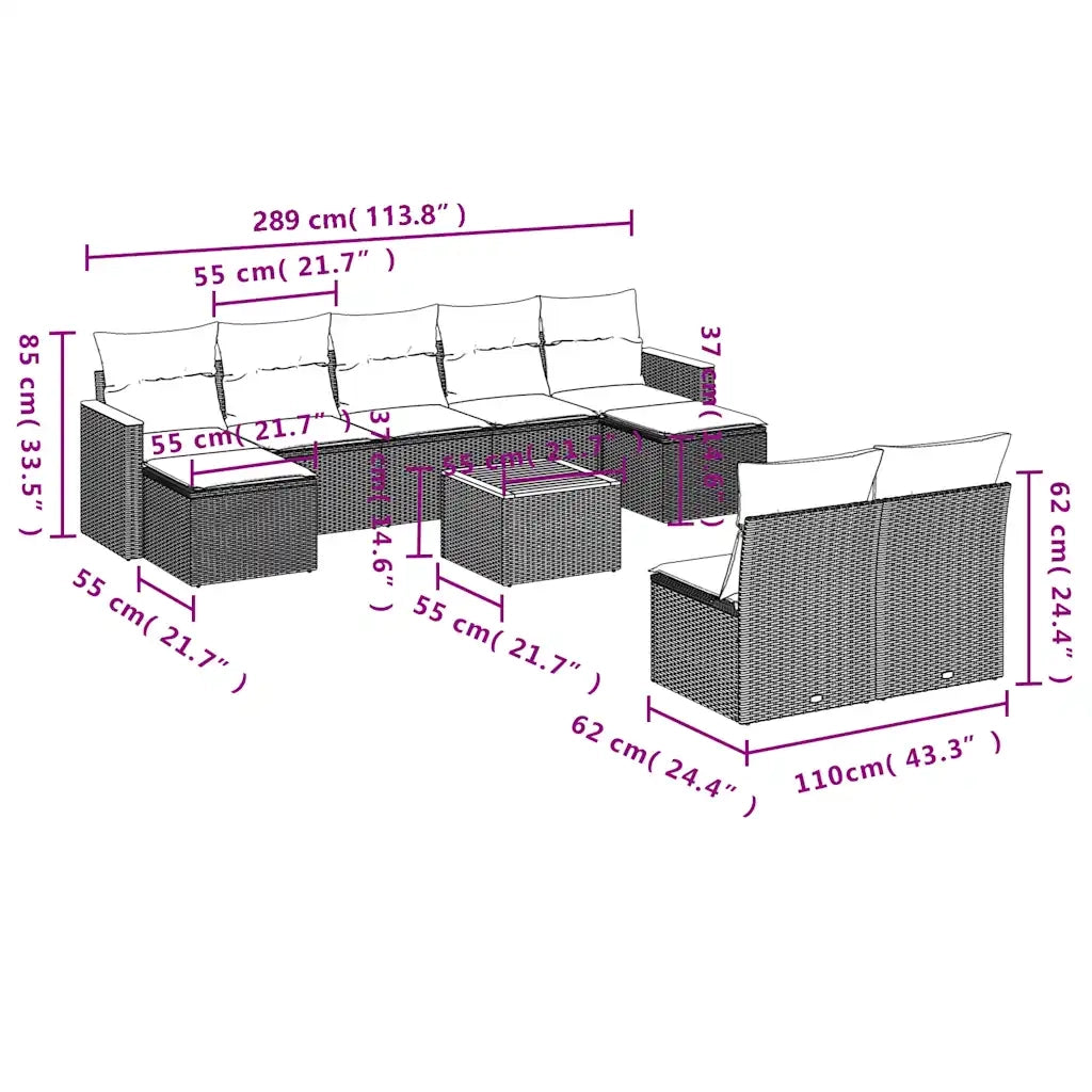Set Divani da Giardino 10 pz con Cuscini Grigio in Polyrattan 3226383