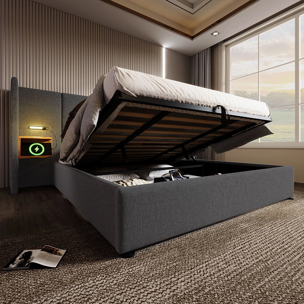 Letto imbottito con cassone - Xylo - 180??200 cm - Grigio Lin - Comodino con luce e USB Type-C