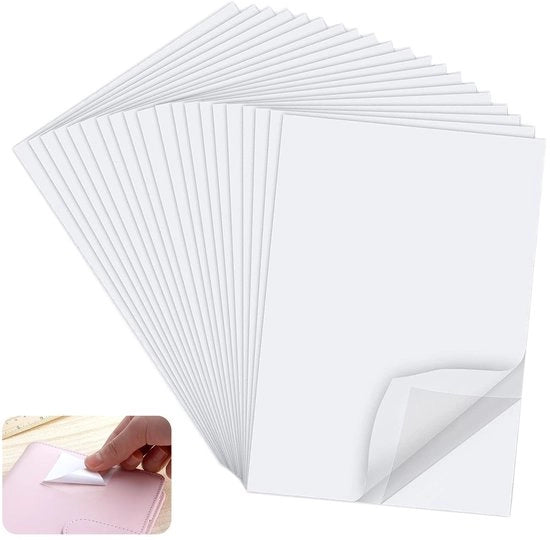 Foglio adesivo A4 - 20 pezzi - Adesivo doppio lato - Adesivo permanente - Per tessuti - Bianco - Foglio adesivo per tessuti