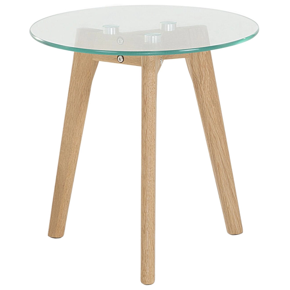 Set di 2 tavolini a nido tondi trasparenti con piano in vetro 3 gambe in legno chiaro minimalista scandinavo