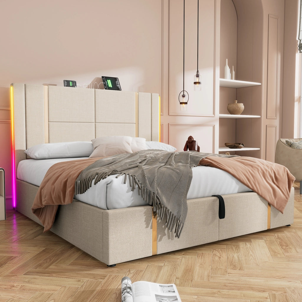letto imbottito lino beige 180 x 200 cm
