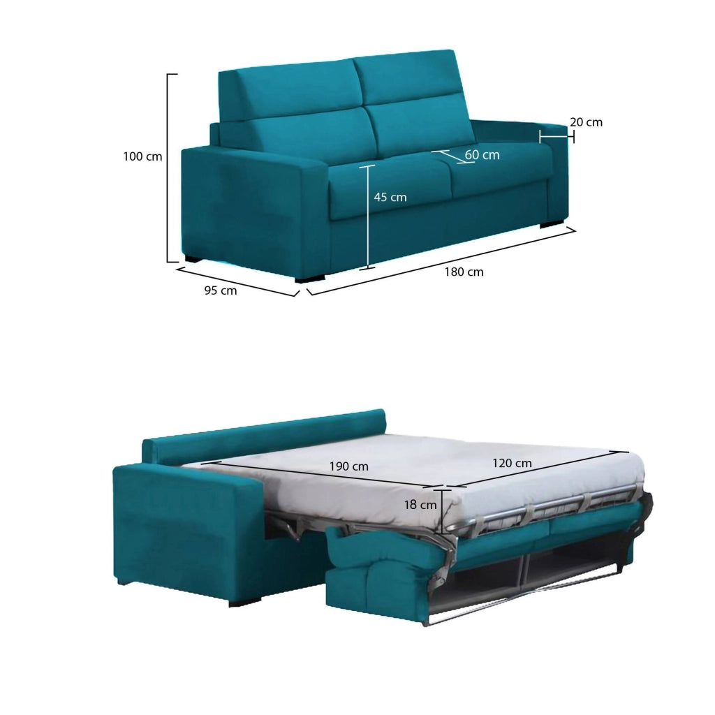 None, Divano Letto 2 Posti Sfoderabile Made in Italy, 180x95 cm Azzurro