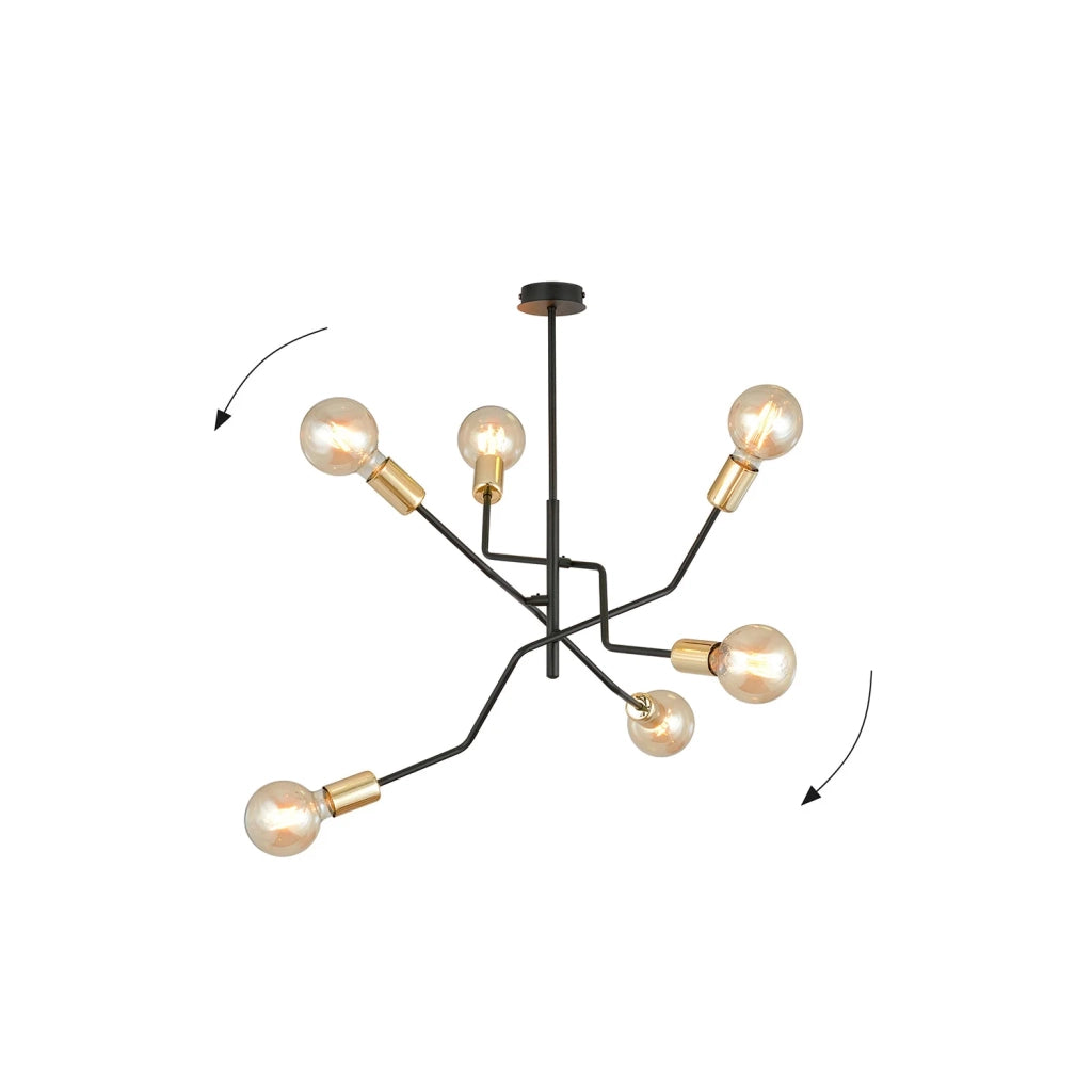 Sospensione Industrial 6 Luci Temi In Acciaio Nero E Oro Bracci Regolabili