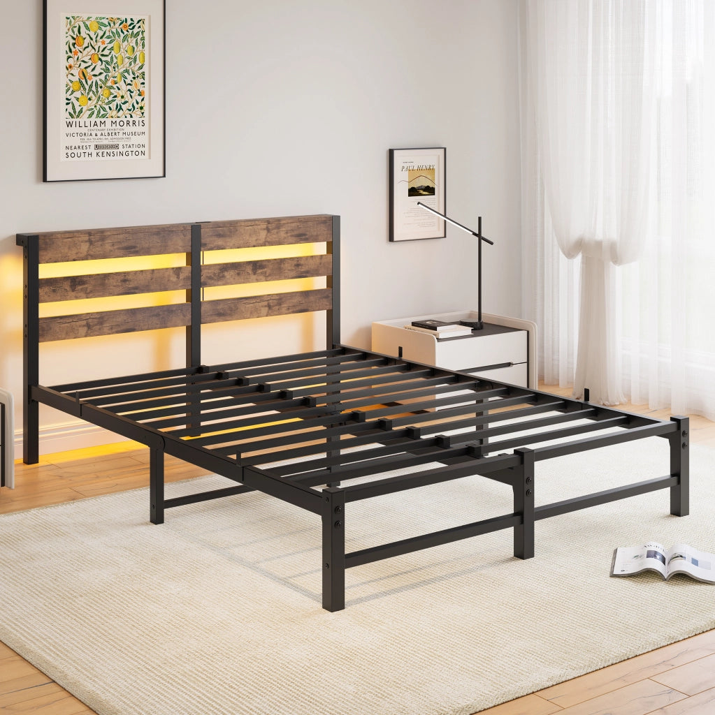 LETTO 140x190 cm in metallo e legno nero/marrone con LED RGB e 2 USB