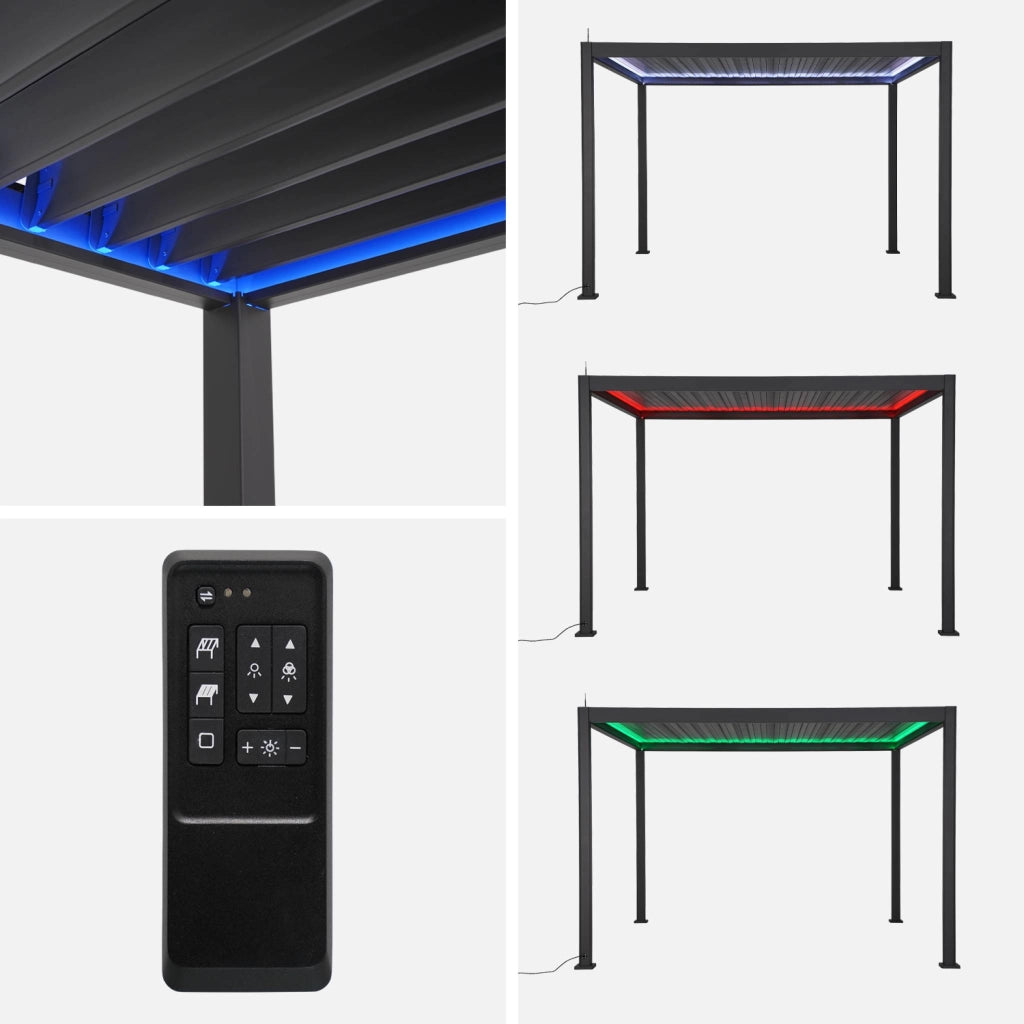 Pergola bioclimatica 3x4m motorizzata in alluminio led + 1 tenda 3m,