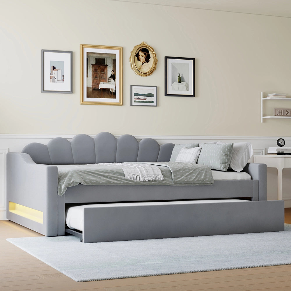 Letto imbottito - Xylo - 140x200cm LED + letto a scomparsa, grigio
