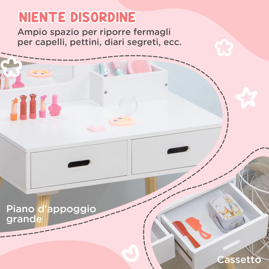 Toeletta per Bambini con Tavolo Trucco, Sgabello, Specchio e Cassetti ¨C Minimal ¨C Bianco e Legno
