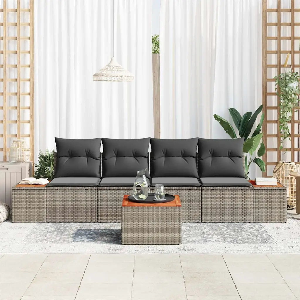 Set Divano da Giardino con cuscino 5 pcs Grigio Poly Rattan
