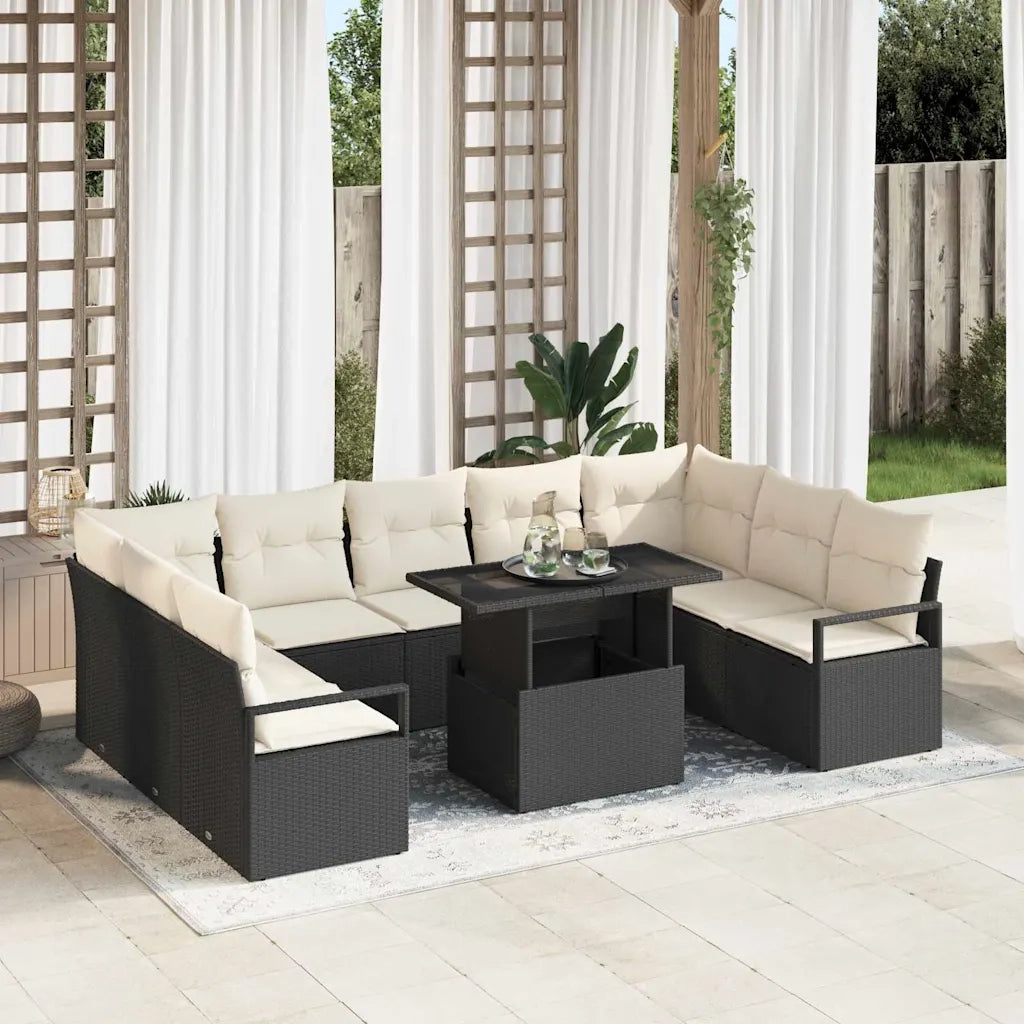 Set Divano da Giardino 10 pcs Nero e crema polyrattan