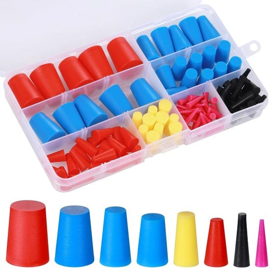 Bulloni in gomma 110 pezzi - Plastificati in silicone - 8 misure 1/16" a 5/8" - Plastificati per sigillatura - Contenuto in scatola trasparente - Adatti per fori - Coperture per fori