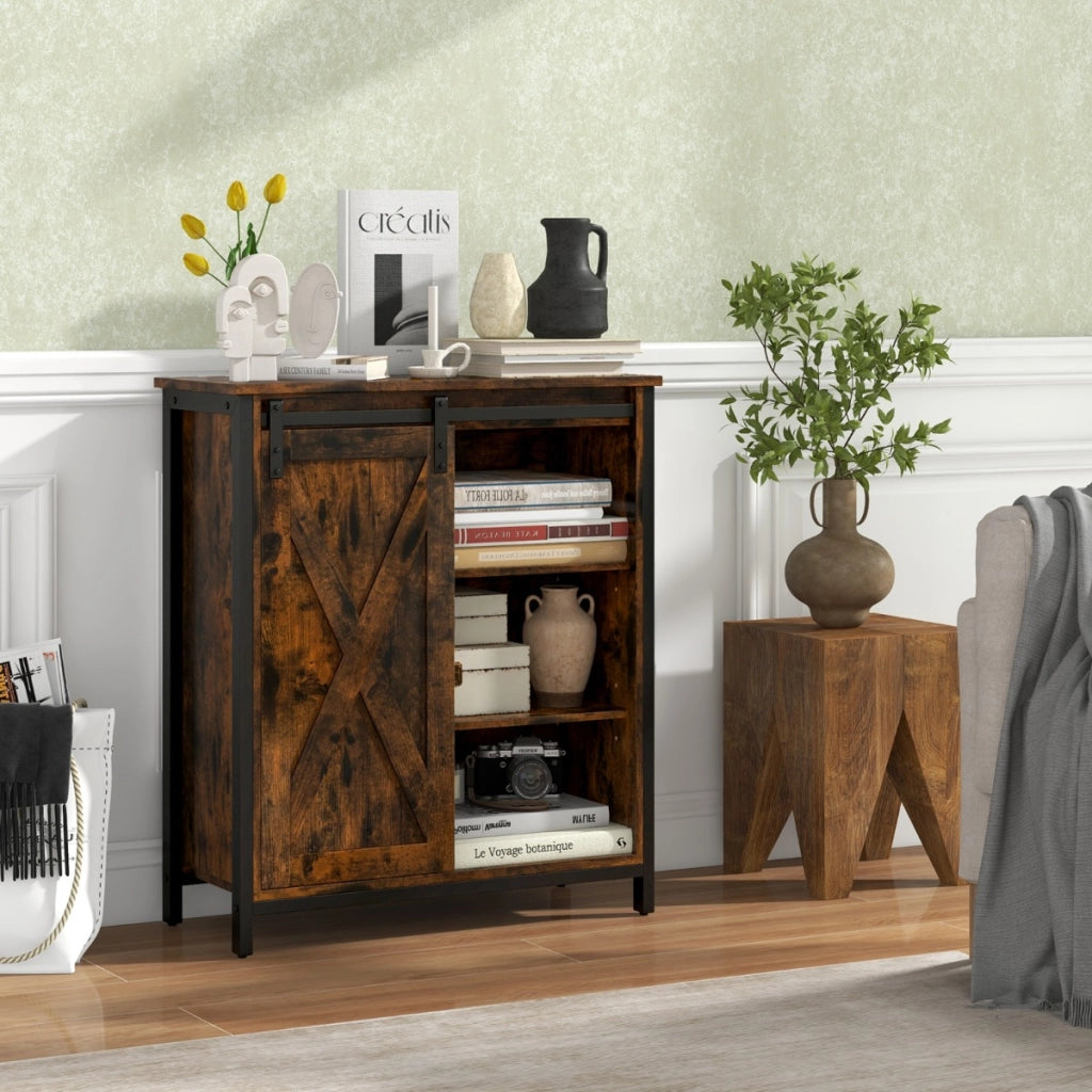 Mobile contenitore in stile rustico con anta scorrevole e ripiani regolabili, Credenza multiuso per cucina Marrone