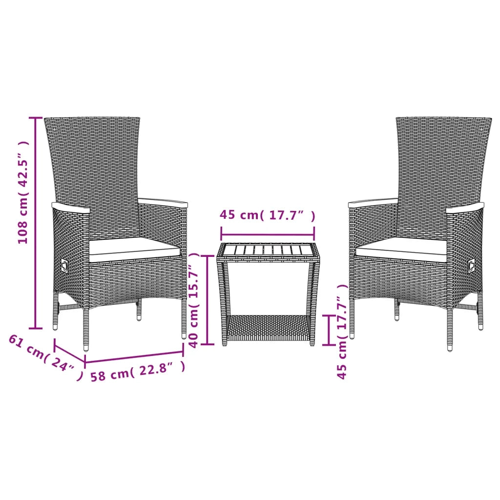 Set da Pranzo da Giardino 3 pz con Cuscini Nero in Polyrattan 3277540