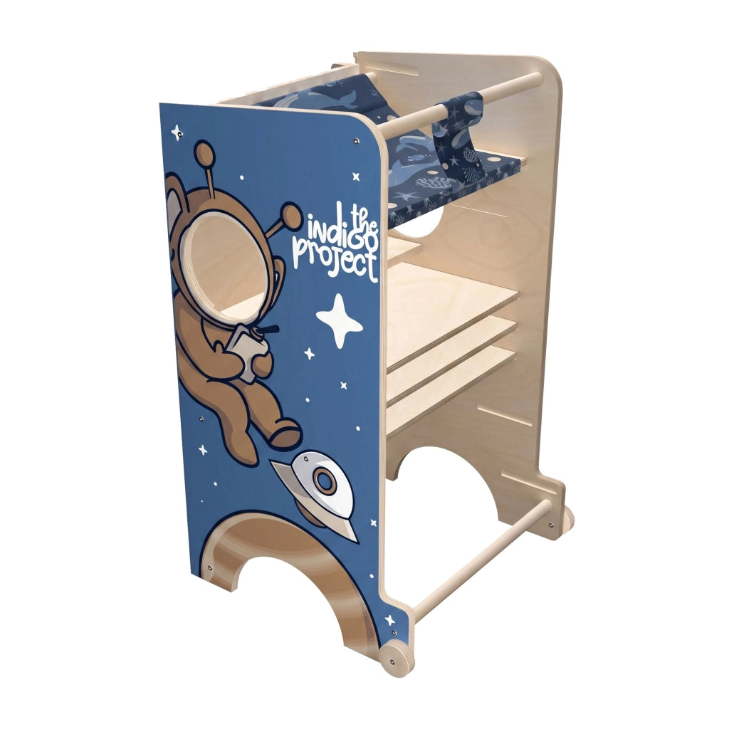 Castle Gate - Torre Montessori multifunzionale 3 in 1 per bambini a partire dai 24 mesi, 58x50x90 cm con lavagna e cestino in legno