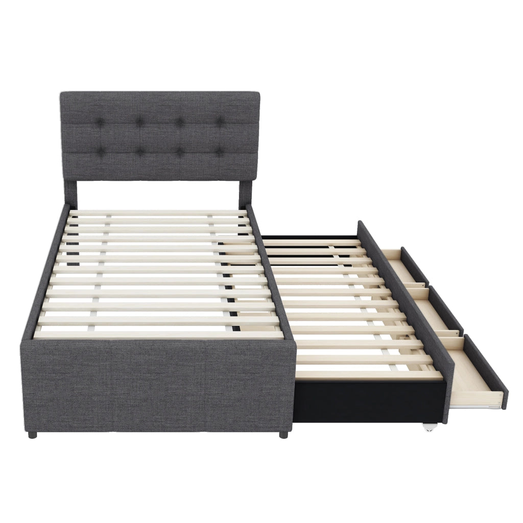 Letto a traguardo imbottito 90x200cm con 3 cassetti e letto estraibile in grigio