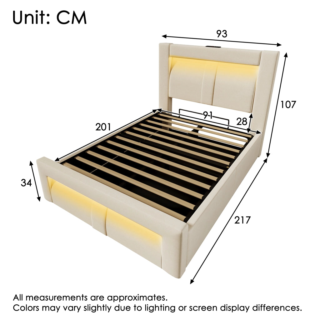 LETTO contenitore 90x200 cm in velluto beige con LED, USB, Type-C e materasso incluso