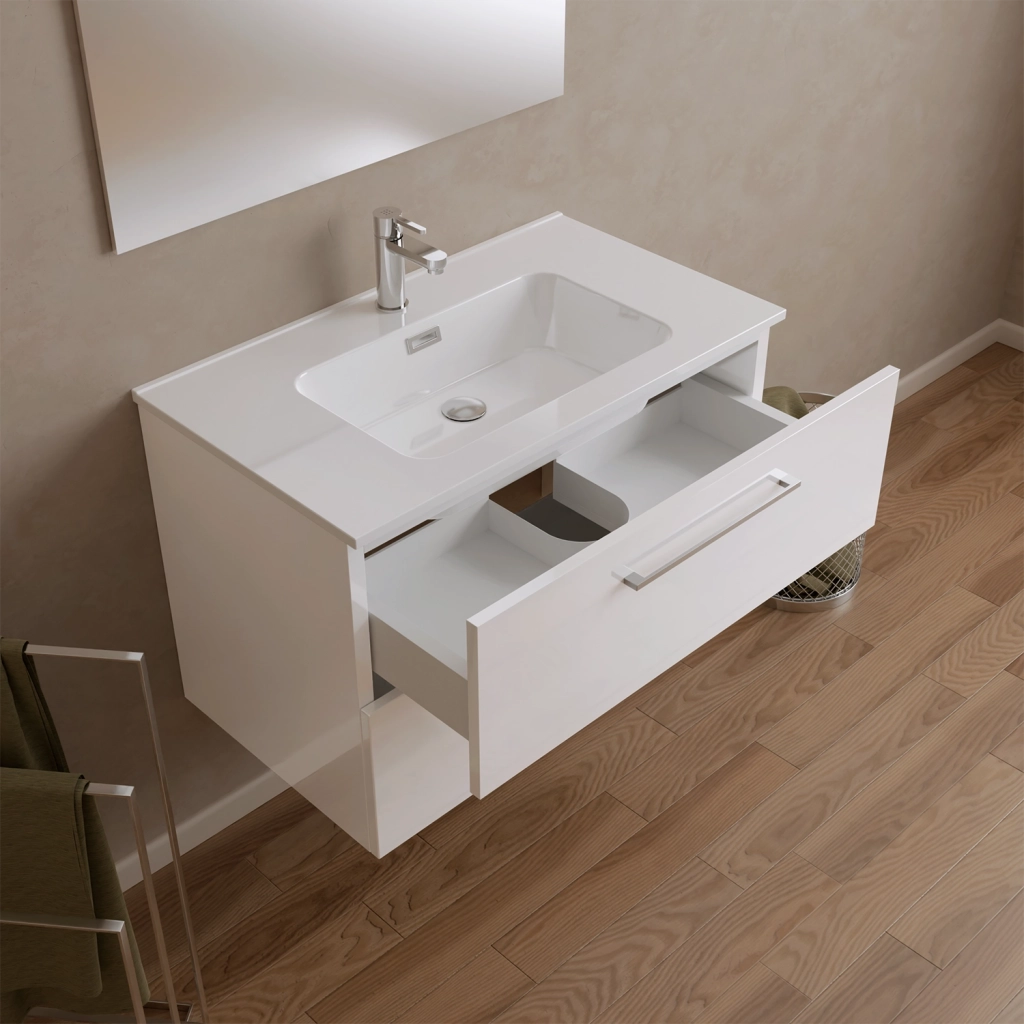 Mobile da bagno sospeso 100cm bianco lucido con lavabo e specchio | Hana
