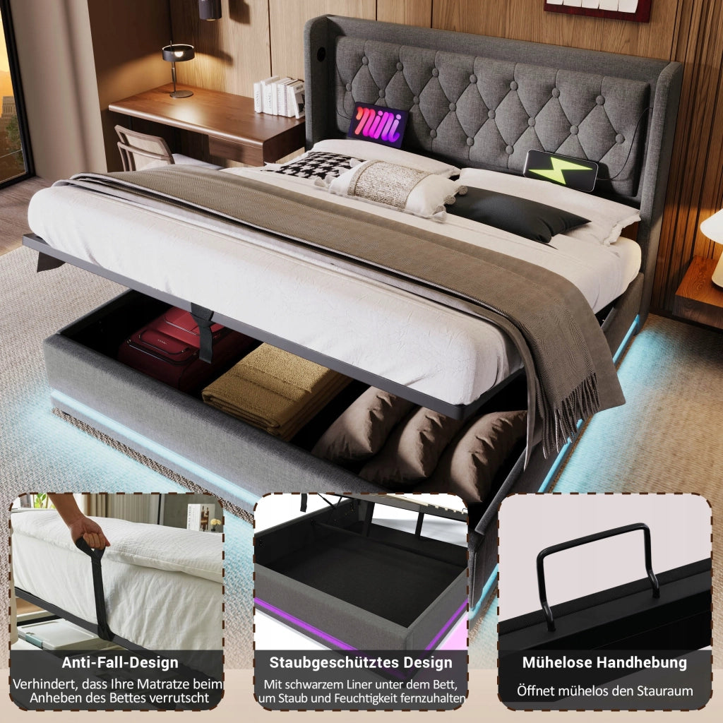 Letto imbottito 140x200 grigio - Xylo - Idraulico, LED, USB-C