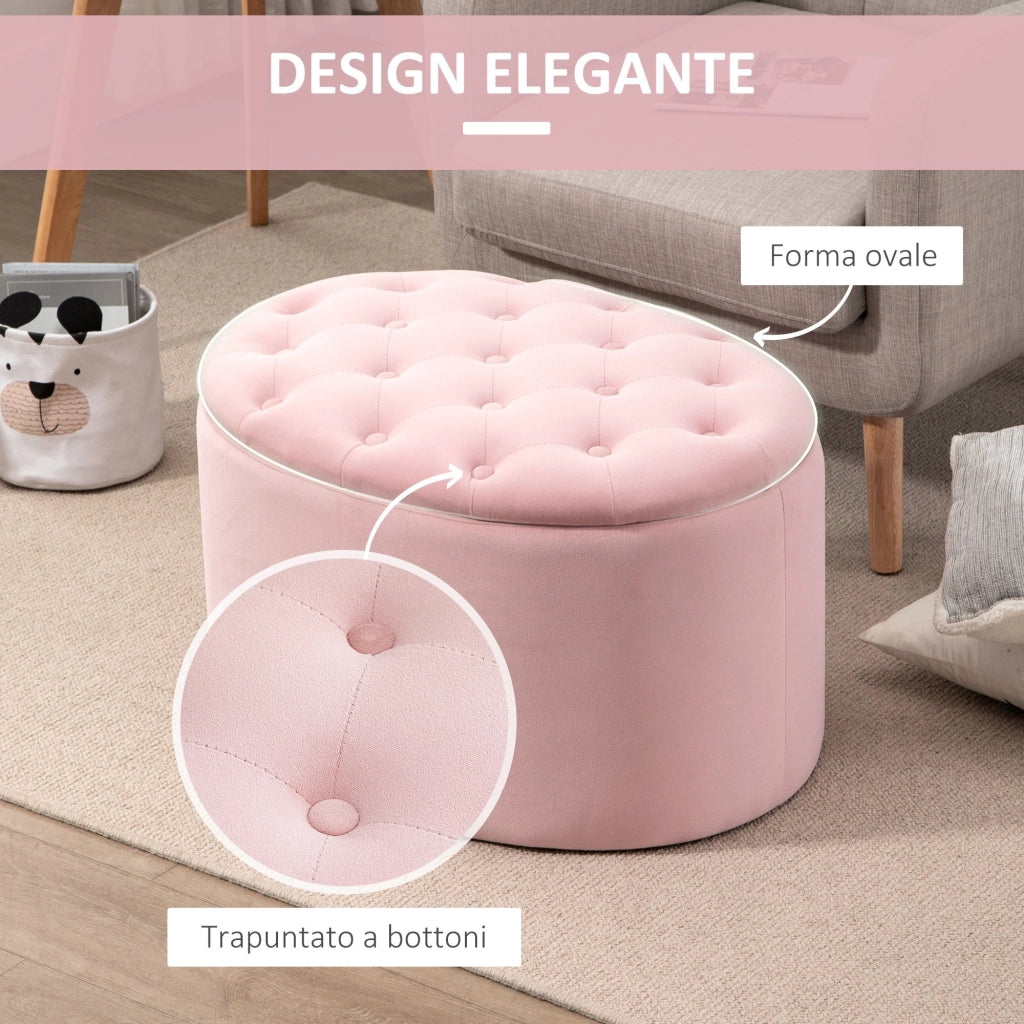 EasyComfort Pouf Contenitore Ovale Imbottito e Trapuntato in Velluto, 71x52x42cm, Rosa