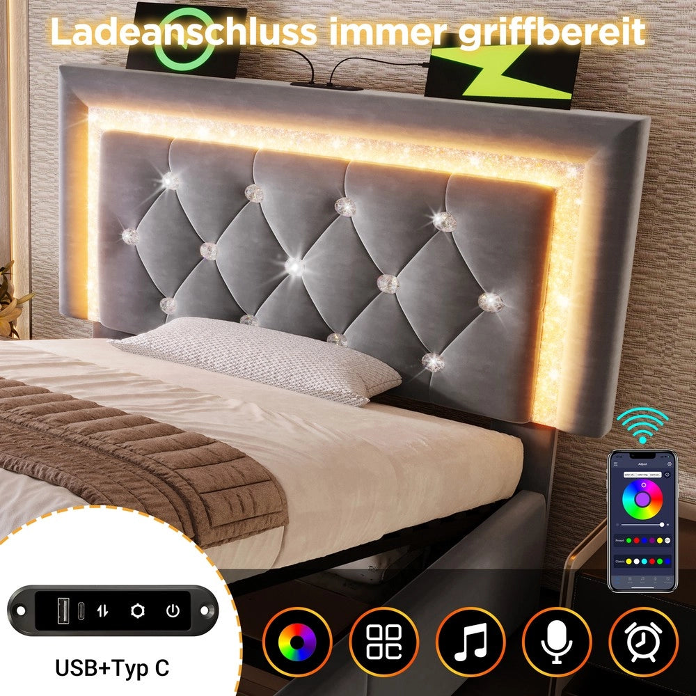 Letto Imbottito Singolo con Contenitore Idraulico e LED ¨C MINIMAL ¨C Velluto Grigio 90x200