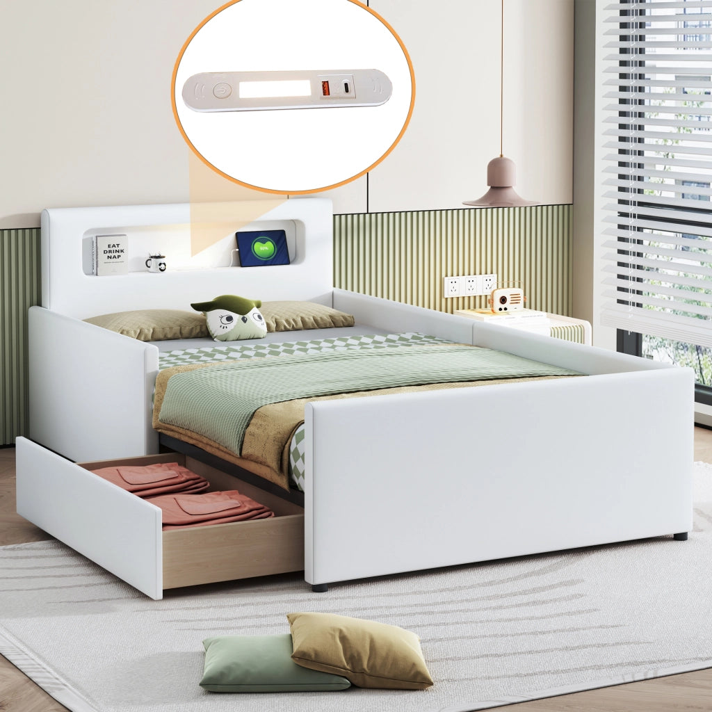 Letto Singolo Imbottito per Bambini con Luce LED e USB ¨C MINIMAL ¨C Similpelle Bianco 90x200