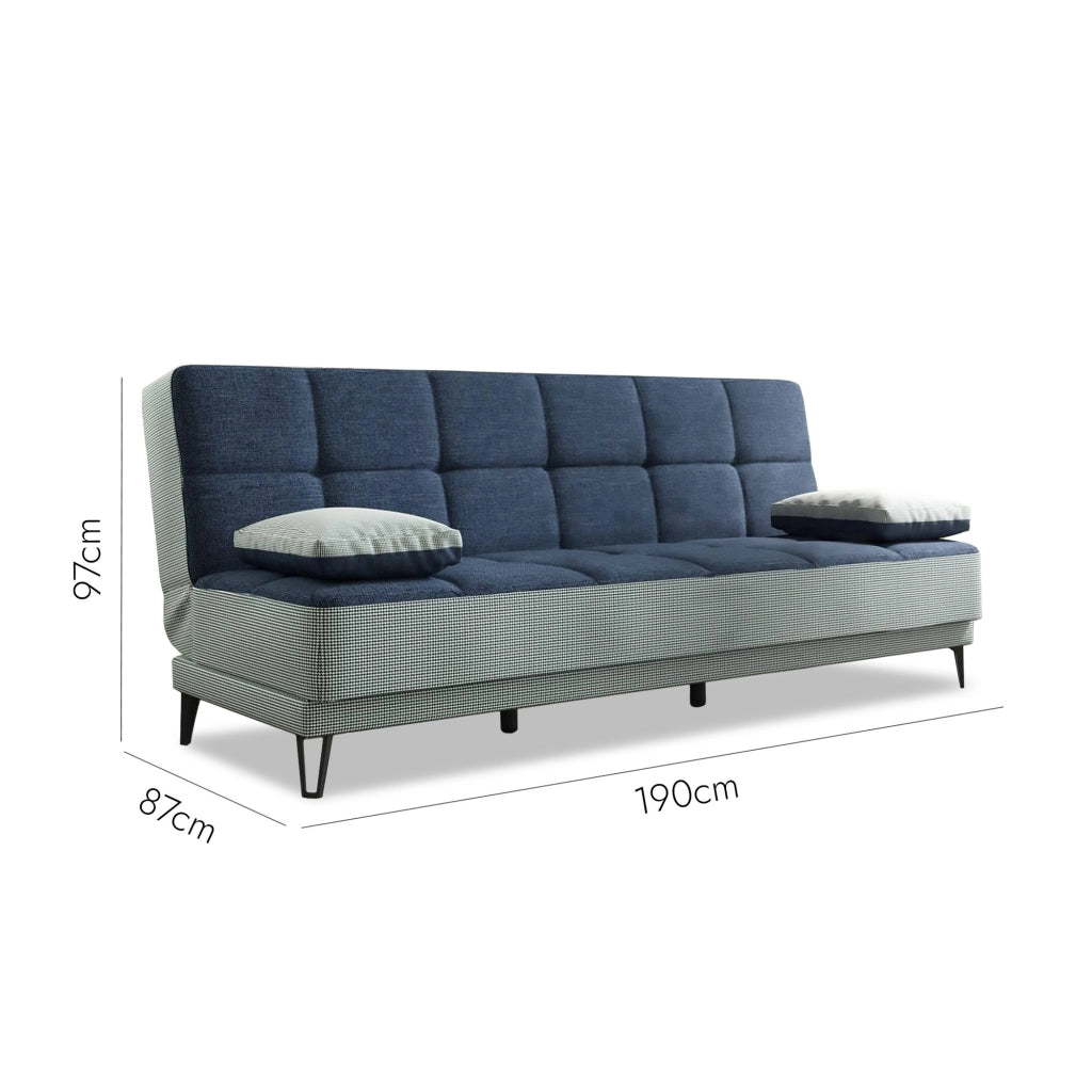 Divano letto Aborigeni, Divano letto a 3 posti con piedini in metallo nero , Sofà\  da soggiorno in tessuto imbottito con apertura click-clack, 190x87h97 cm, Grigio e Blu