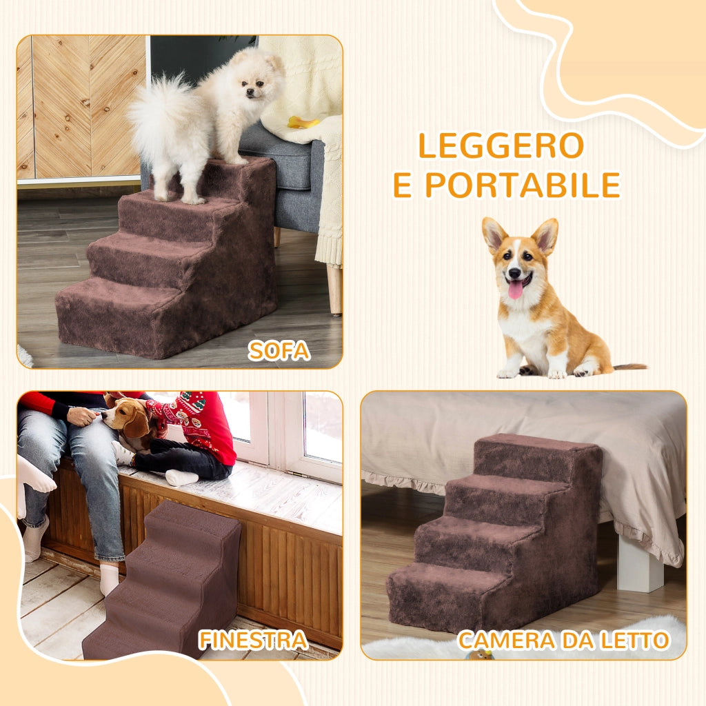 Scaletta per Cani a 4 Gradini con Rivestimento Sfoderabile e Lavabile, Portatile, 60x35x44 cm, Marrone