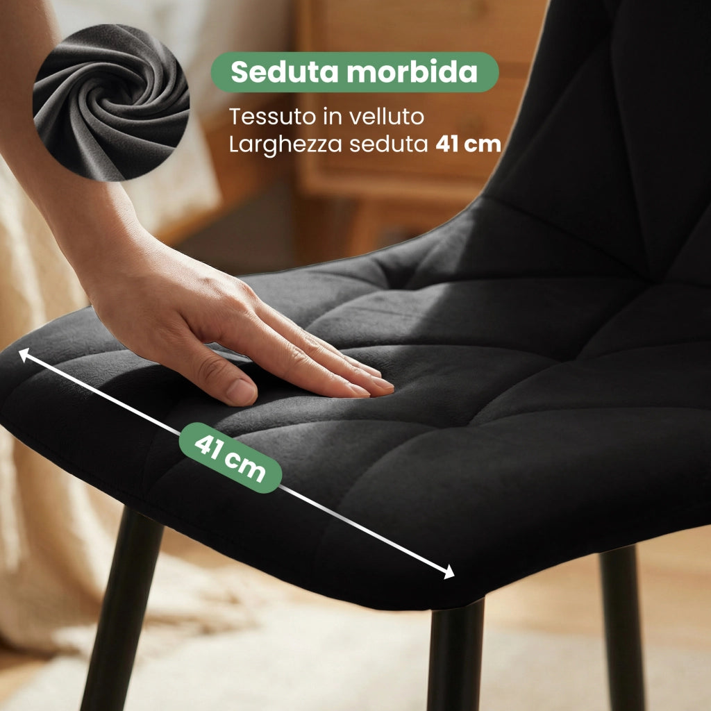 Sedia in velluto trapuntata MILO Nero gambe nere