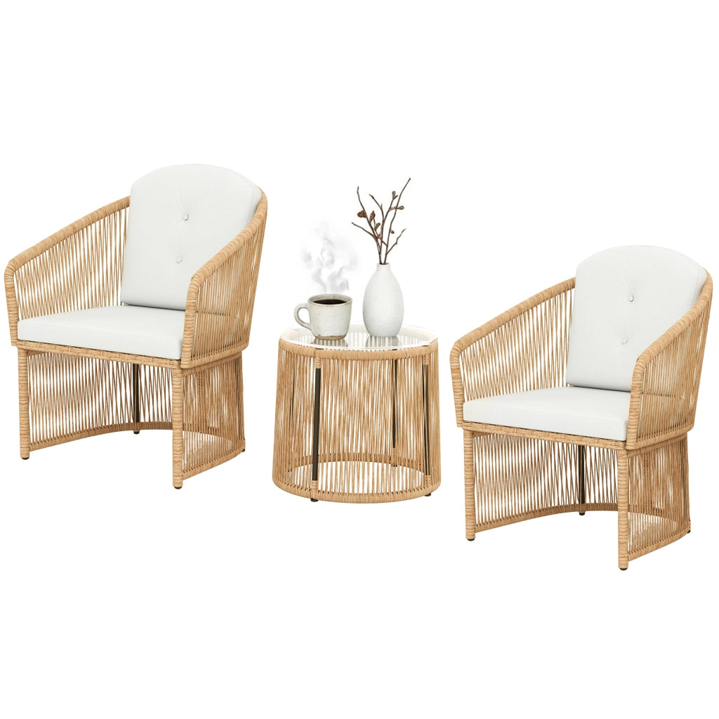 Set Bistrot Rattan 3 Pezzi con Tavolo Tondo Vetro e Cuscini ¨C zephmum ¨C Cremewei?