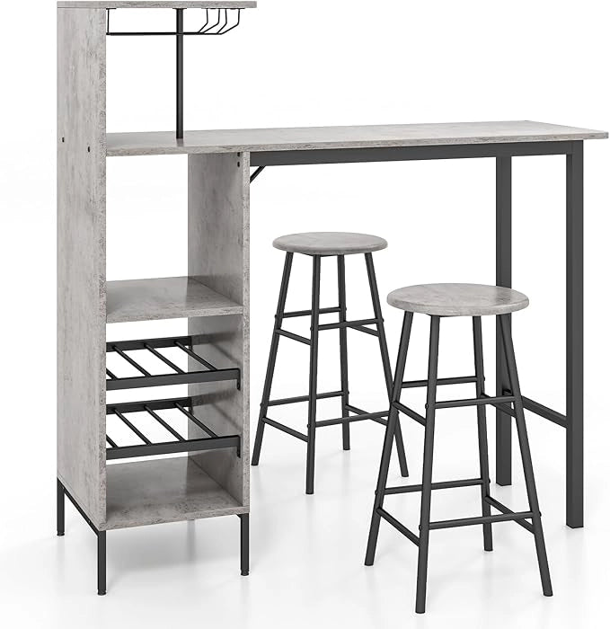 Set 3 Pezzi Tavolo e Sedie da Bar, Tavolo e Sgabelli da Pub Industriale con Porta Calici e 6 Portabottiglie da Vino, Set di Tavolo per Sala da Pranzo, Ristorante e Bar (Grigio)